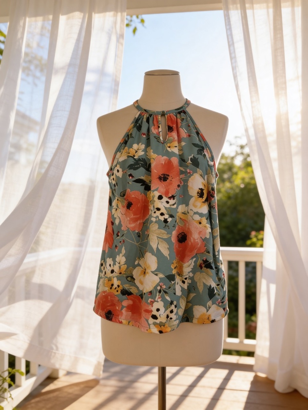 Floral Tank Top - Blue/Coral